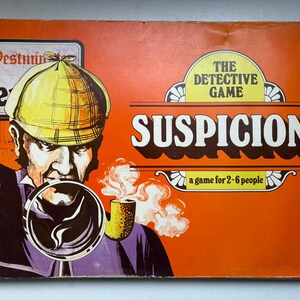 May include: A vintage board game box with an orange background. The game is titled "SUSPICION" in large white letters. An illustration of a detective with a magnifying glass and pipe is featured. The box reads "The Detective Game" and "a game for 2-6 people."