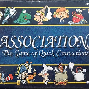 May include: A blue and yellow game box with the title "ASSOCIATIONS The Game of Quick Connections" and a variety of cartoon illustrations around the border.