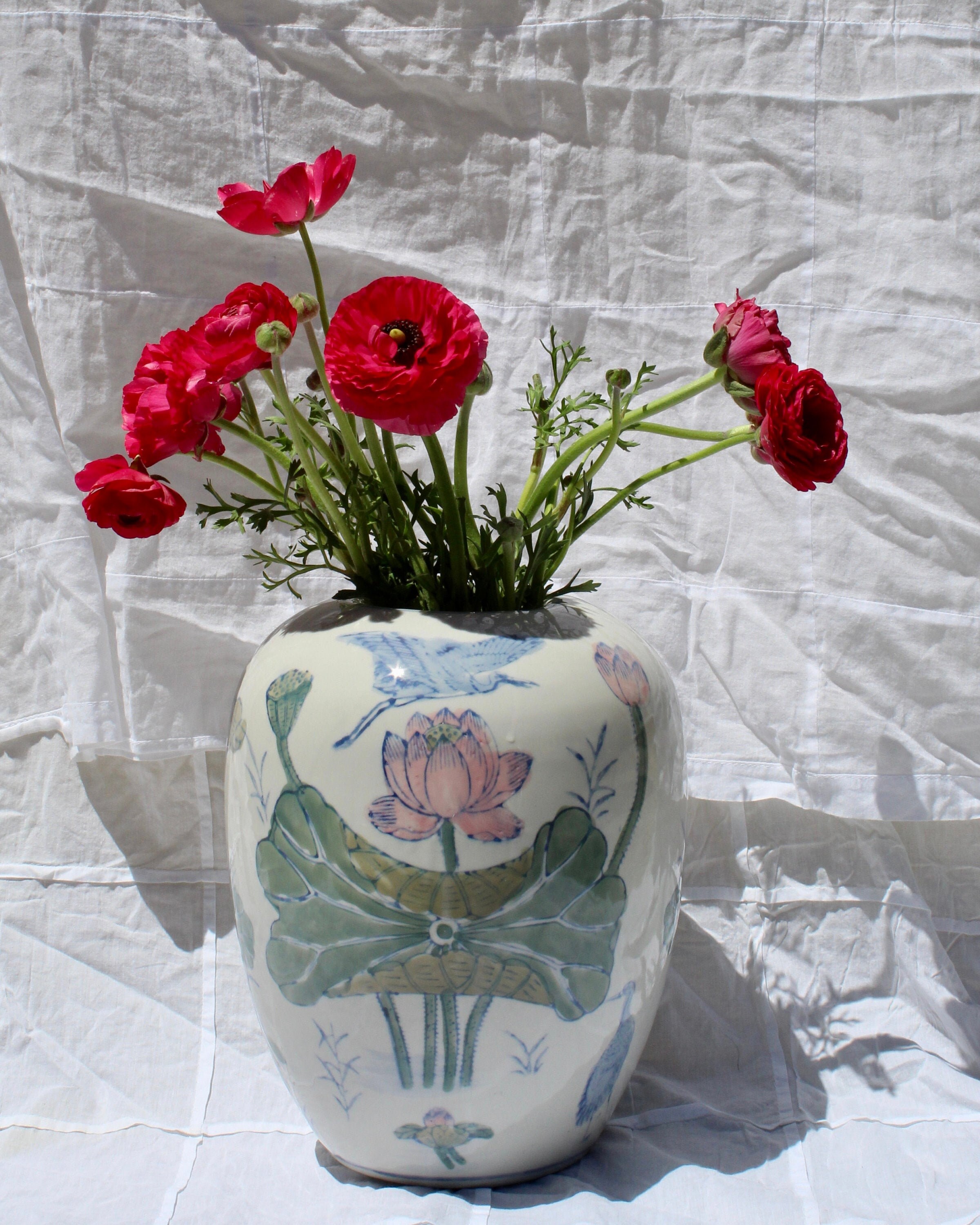 Vintage Large Japanese Ceramic Vase with Lotus Flowers & Lily Etsy