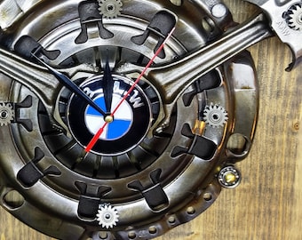 BMW Theme Wall Clock Automotive Art Pressure Plate Piston Auto Decor One of a Kind Weld Man Cave Garage Gift !Free Express Shipping!