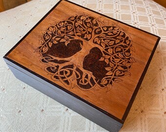 Handmade african wenge and american cherry box with hand burnt tree of life scene Handmade african wenge and american cherry box with hand burnt tree of life scene