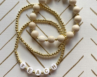 Custom Name Bracelet | Dainty Gold Bracelet | Gold Plated Round Beads | Gold Letter Beads