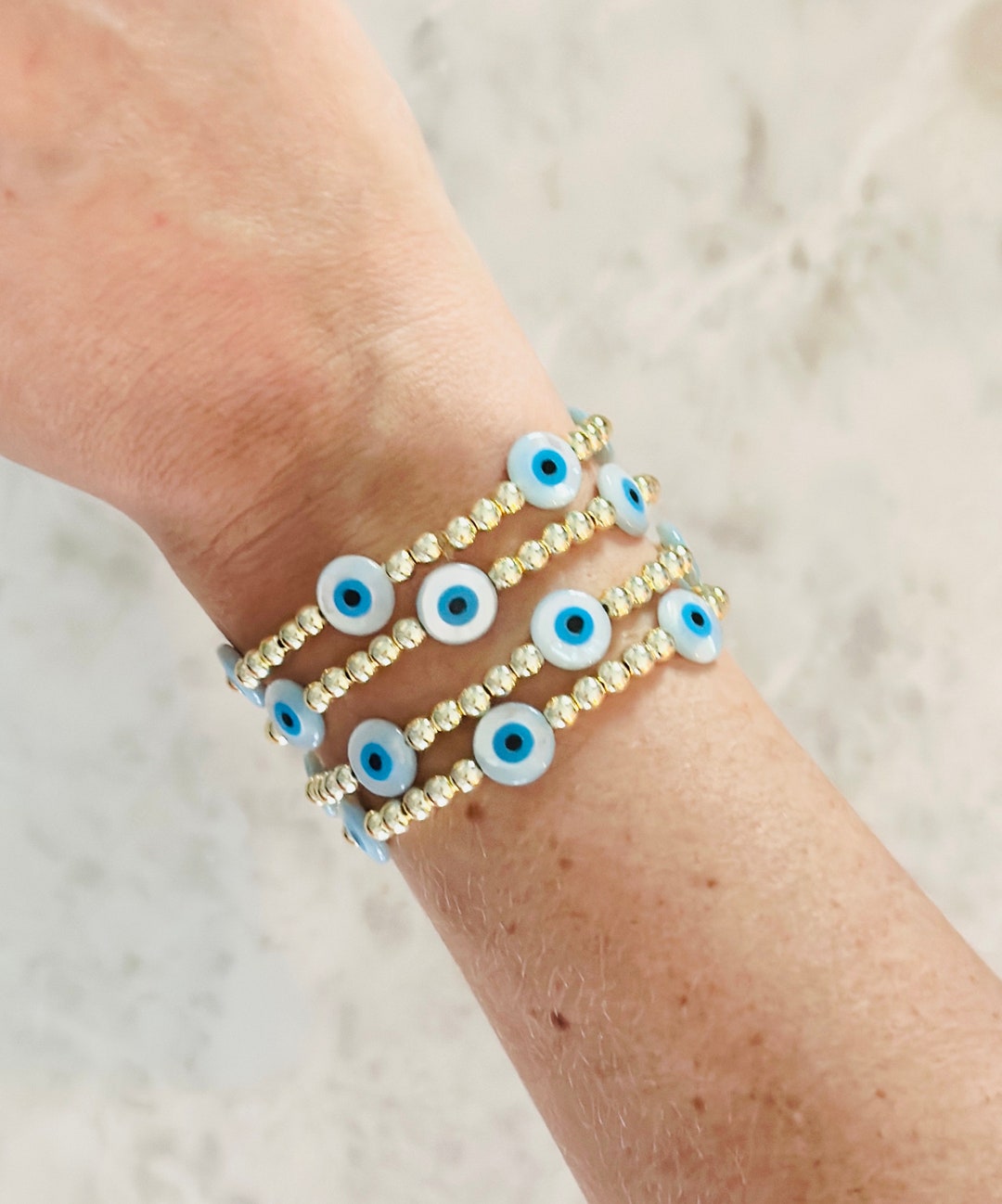 Evil Eye Bracelet Gold Plated Round Beads Blue & Pearl Evil Eye Dainty