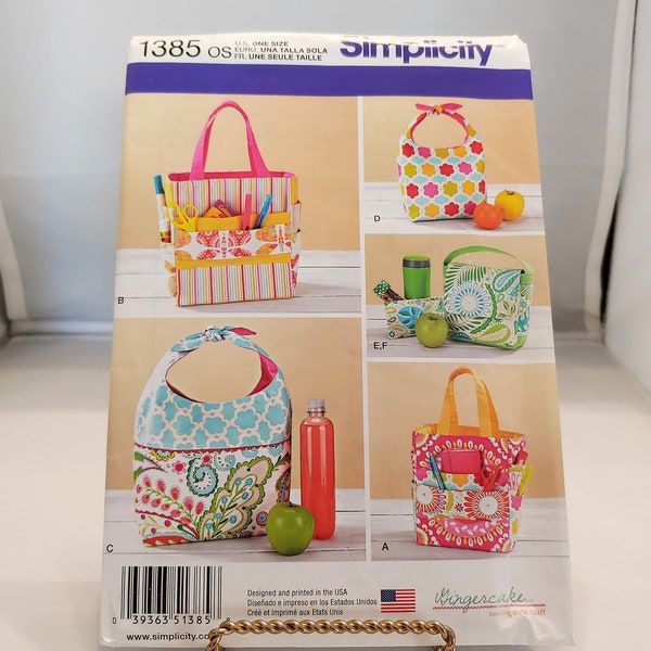 Simplicity pattern, lunchbag pattern, snack bag pattern, art caddy pattern, crafting bags number 1385,  size 0ne size,  uncut condition,