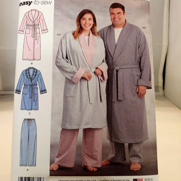 Simplicity pattern, womens and mens robe, this robe is in 2 lengths, womens pull n pants, mens pull on pants, 8804,  size sm-lg,  new uncut