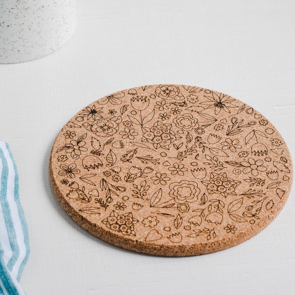 Cork Trivet - Wildflowers - Laser Engraved, Kitchen Decor, Cooking Tools, Cookware, Gift Idea, Pot Holder, Hot Pad, Wedding Housewarming
