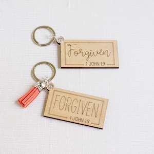 Motivational Bible verse keychain - Forgiven - 1 John 1:9 - Christian Keychain, Bible Verse Gift, Motivational Gift, Wood Keychain