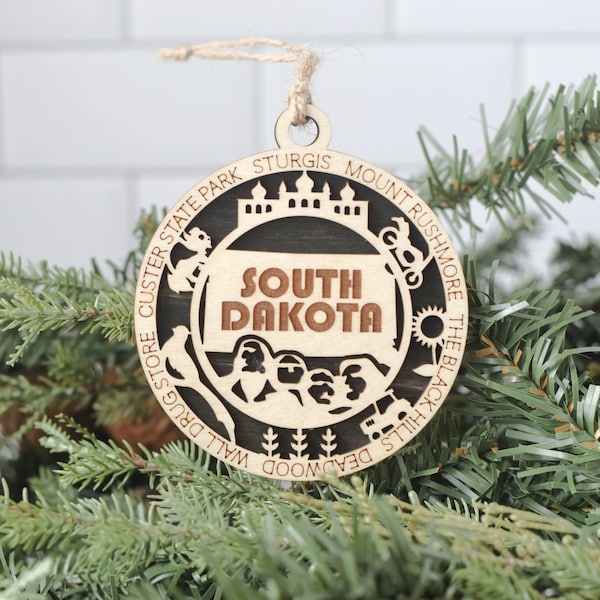 South Dakota Christmas Ornament, Wood Christmas Ornament, South Dakota Ornament, 50 States, New Home Gift, Vacation, Holiday Ornament