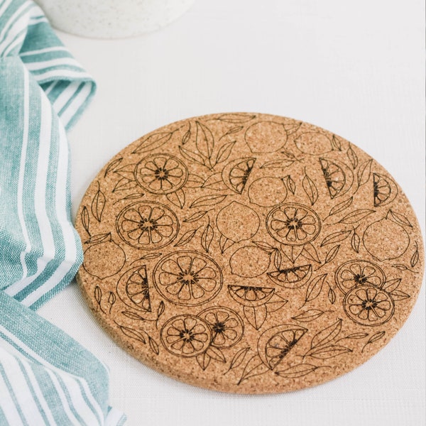 Cork Trivet - Citrus - Laser Engraved, Kitchen Decor, Cooking Tools, Cookware, Gift Idea, Pot Holder, Hot Pad, Wedding Housewarming