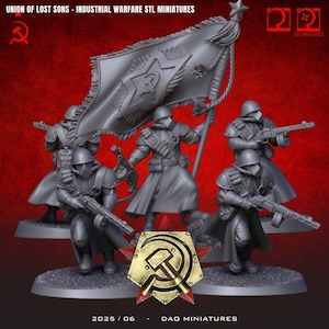May include: A group of gray miniature figures in industrial warfare attire, including helmets, gas masks, and long coats. One figure holds a large flag with a star and emblem. The image includes text: "UNION OF LOST SONS - INDUSTRIAL WARFARE STL MINIATURES" and "DAO MINIATURES".