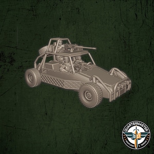 May include: A grey plastic model kit of a military jeep with a machine gun mounted on top. The jeep has four wheels and a spare tyre on the back. There are three figures in the jeep, all wearing helmets and holding weapons. The model is made by Quartermaster Miniatures & Terrain.