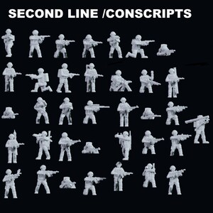 May include: A collection of 35 gray plastic toy soldiers in various poses, holding rifles and other weapons. The soldiers are arranged in rows on a black background. The text "SECOND LINE / CONSCRIPTS" is at the top of the image.