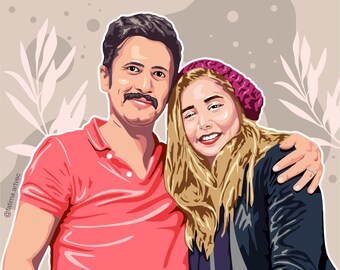 May include: A man and a woman are smiling and looking at the camera. The man is wearing a pink polo shirt and the woman is wearing a black leather jacket and a pink beanie.