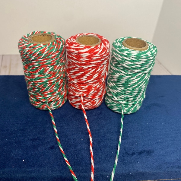 spools of Christmas twine - striped Christmas string - peppermint twine - red and green twine - Christmas ornament thread - metallic twine