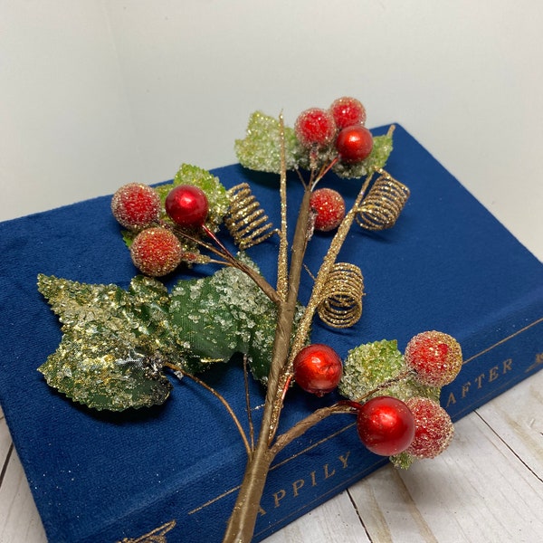 Frosted ice berry Christmas pick - glitter floral Christmas stem - Christmas wreath accent - Christmas tree pick -traditional Christmas pick