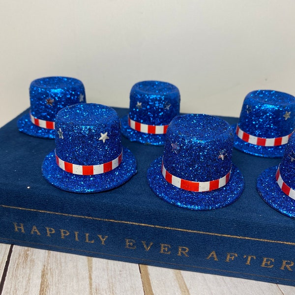 Miniature July 4th glitter hats, July 4th decor, Independence Day hats, 4th of July hats, Uncle Sam hats, July 4th miniatures.