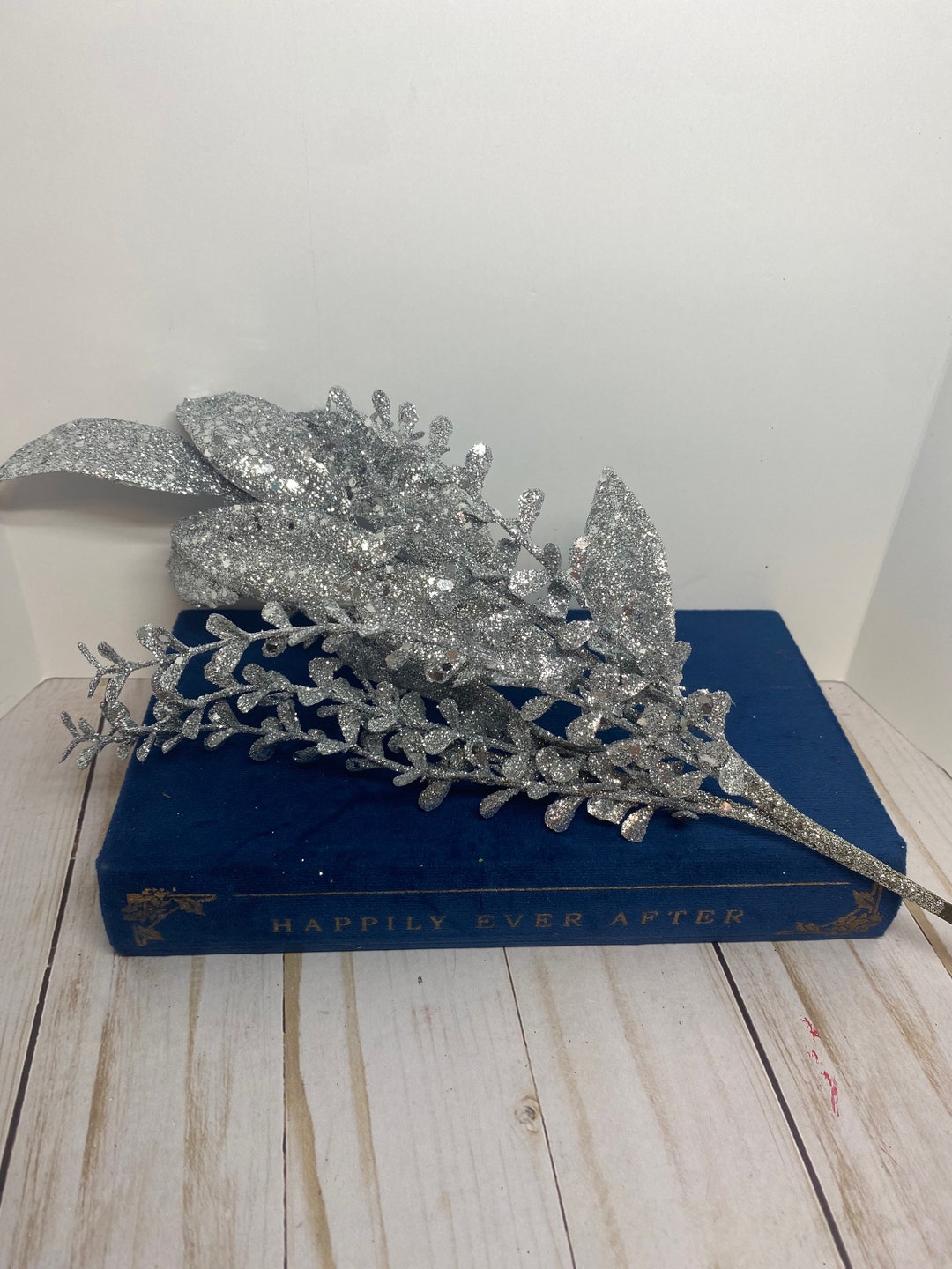 Silver Glitter Christmas Pick, Silver Leaf Christmas Tree Pick, Silver