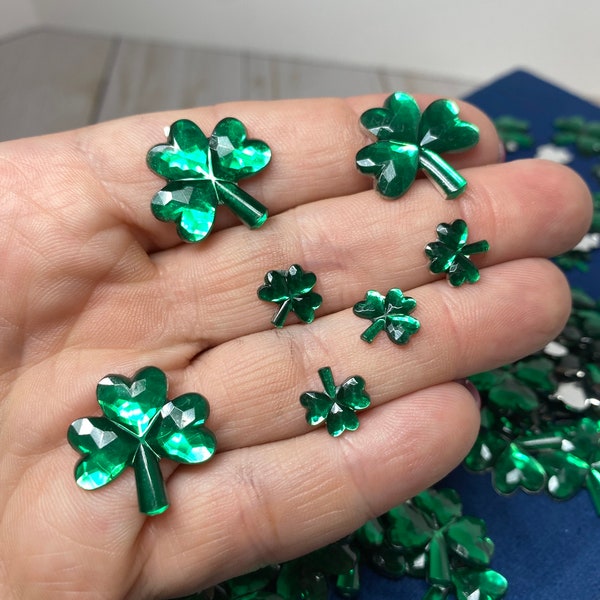 Shamrock flatback gemstones, st pattys day shamrock jewels, st Patrick’s day green shamrock gemstones, shamrock gems, shamrock jewels