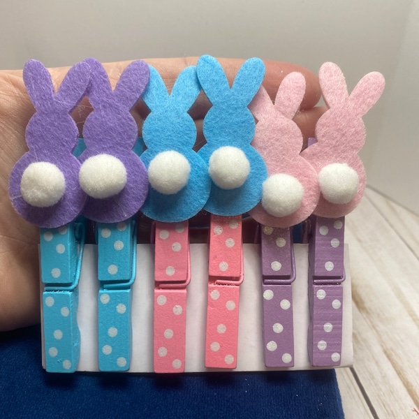 Easter bunny clothespins, Easter bunny clips, Easter stationary, polkadot Easter pins, colorful Easter bunny wood clothespins