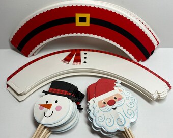 Santa snowman cupcake picks and wrappers - Christmas cupcake picks - Christmas cupcake wrappers - winter snowman baking supplies