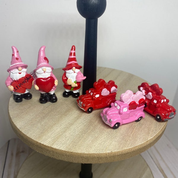 Miniature Valentine’s Day gnomes, miniature Valentine’s Day trucks, valentines tiered tray, mini Valentine’s Day figures, Valentine’s Day