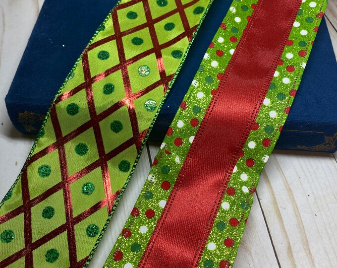 Grinch Ribbon Green Christmas Ribbon Green and Red Wired Ribbon Wired
