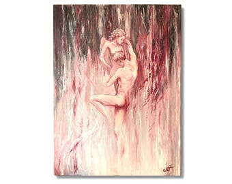 May include: An oil painting on canvas depicting two nude figures in an embrace, rendered in shades of deep burgundy, dark brown, and soft cream. The background features vertical, abstract brushstrokes that create a sense of movement and depth.