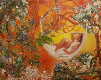 PANDORA // 80x60 oil painting, signed original, hand painted, modern art, green, yellow, orange, individual gift decor