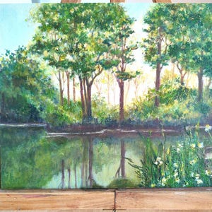 MANHÃ NO LAGO //24 × 30 cm, pintura acrílica, original assinado, pintado à mão, arte moderna, presente individual, decoração