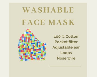 Square pattern Red yellow green face mask cover with nose wire and filter pocket • XS to XL face masks |