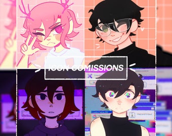 May include: Four digital illustrations of people with different hairstyles and clothing. The text "Icon Commissions" is in the center of the image.