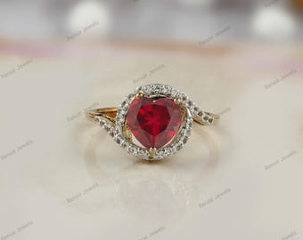 Ruby Heart Ring: Yellow Gold Vermeil 925 Sterling Silver, Cubic Zircon Halo