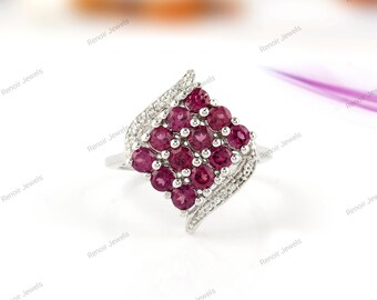 Rhodolite Garnet Floral Cluster Ring, 925 Sterling Silver Statement Ring Gift for Her