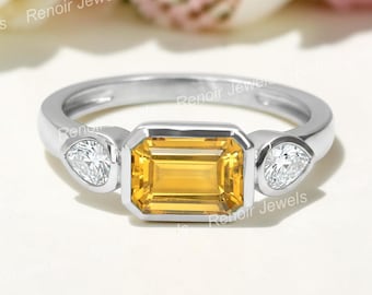 Emerald Cut Citrine Ring with Pear Moissanite, Sterling Silver Promise Ring Gift