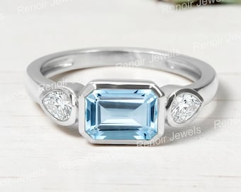 Emerald Cut Aquamarine Ring with Pear Moissanite Side Stones, Sterling Silver Ring