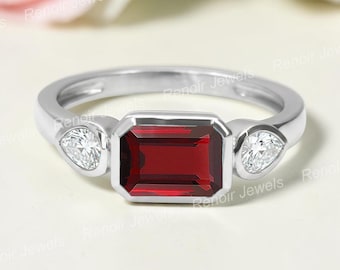 Anillo de granate talla esmeralda con moissanita en forma de pera, anillo de promesa de plata de ley