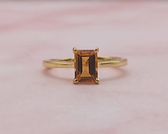 Emerald Cut Citrine Ring: Sterling Silver November Birthstone