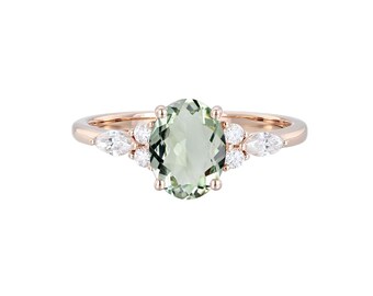 Natural Genuine Oval Green Amethyst 925 Sterling Silver Round & Marquise Diamond CZ Art Deco Vintage Ring - Wedding Anniversary Promise Ring