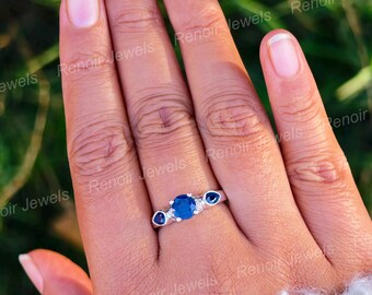 Bezel Set Blue Sapphire Trilogy Ring in Sterling Silver, Promise Ring