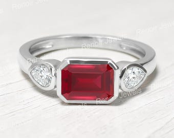 Anello con rubino taglio smeraldo e moissanite a pera, in argento sterling, anello di fidanzamento.