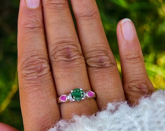 Emerald & Pink Sapphire Trilogy Ring, Bezel Set, Elegant Gift, Fine Jewelry for Her