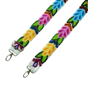 Schulter Ivory Taschengurt mit bunten Blumen, Kameragurt, Kameragurt verstellbar, Peru Stickerei, blauer Gurt, bunte Stickerei