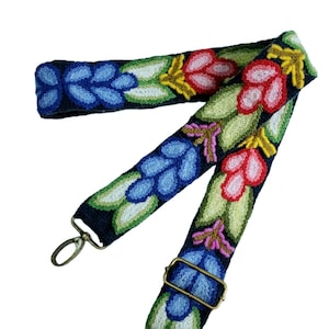 Bunter Taschengurt, Kameragurt, verstellbarer Taschengurt, peruanische Stickerei, marineblauer Gurt, bunte Stickerei