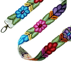 Schulter Ivory Taschengurt mit bunten Blumen, Kameragurt, Kameragurt verstellbar, Peru Stickerei, blauer Gurt, bunte Stickerei