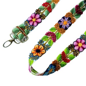 Schulter Ivory Taschengurt mit bunten Blumen, Kameragurt, Kameragurt verstellbar, Peru Stickerei, blauer Gurt, bunte Stickerei