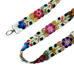 Schulter Ivory Taschengurt mit bunten Blumen, Kameragurt, Kameragurt verstellbar, Peru Stickerei, blauer Gurt, bunte Stickerei