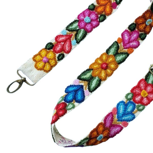 Shoulder Ivory bag strap with colorful flowers, camera strap, adjustable bag strap, Peru embroidery, navy blue strap, colorful embroidery