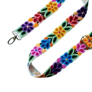 Schulter Ivory Taschengurt mit bunten Blumen, Kameragurt, Kameragurt verstellbar, Peru Stickerei, blauer Gurt, bunte Stickerei
