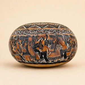 May include: A round, tan-coloured gourd featuring intricate black etched designs. The surface displays a detailed scene of figures in hats and long skirts, surrounded by decorative floral and geometric borders around the top and bottom edges.