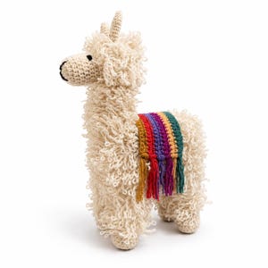 Handmade Crochet Llama Plush, Sheep Wool Stuffed Animal, Peruvian Llama with Colorful Blanket, Amigurumi Toy, Nursery Decor, Gift for Kids